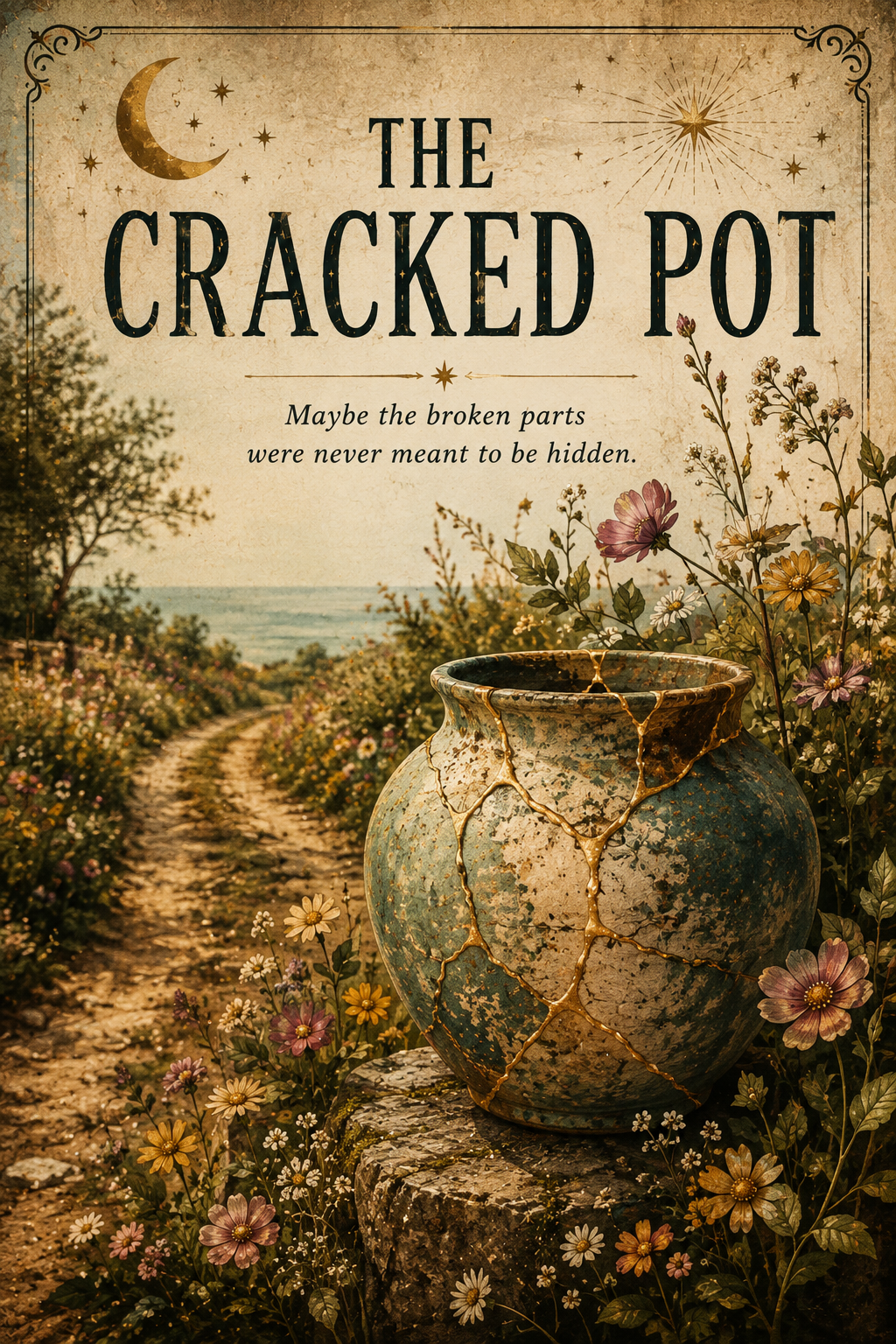 Cracked clay pot repaired with golden kintsugi seams surrounded by blooming wildflowers, symbolizing healing, resilience and the beauty found in imperfection.