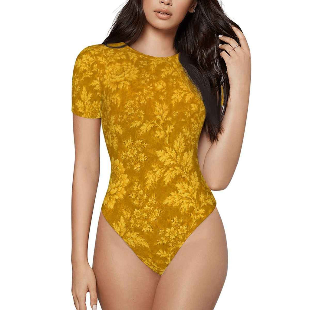 Golden Hour Bodysuit — Women's Short Sleeve Floral Stretch Bodysuit