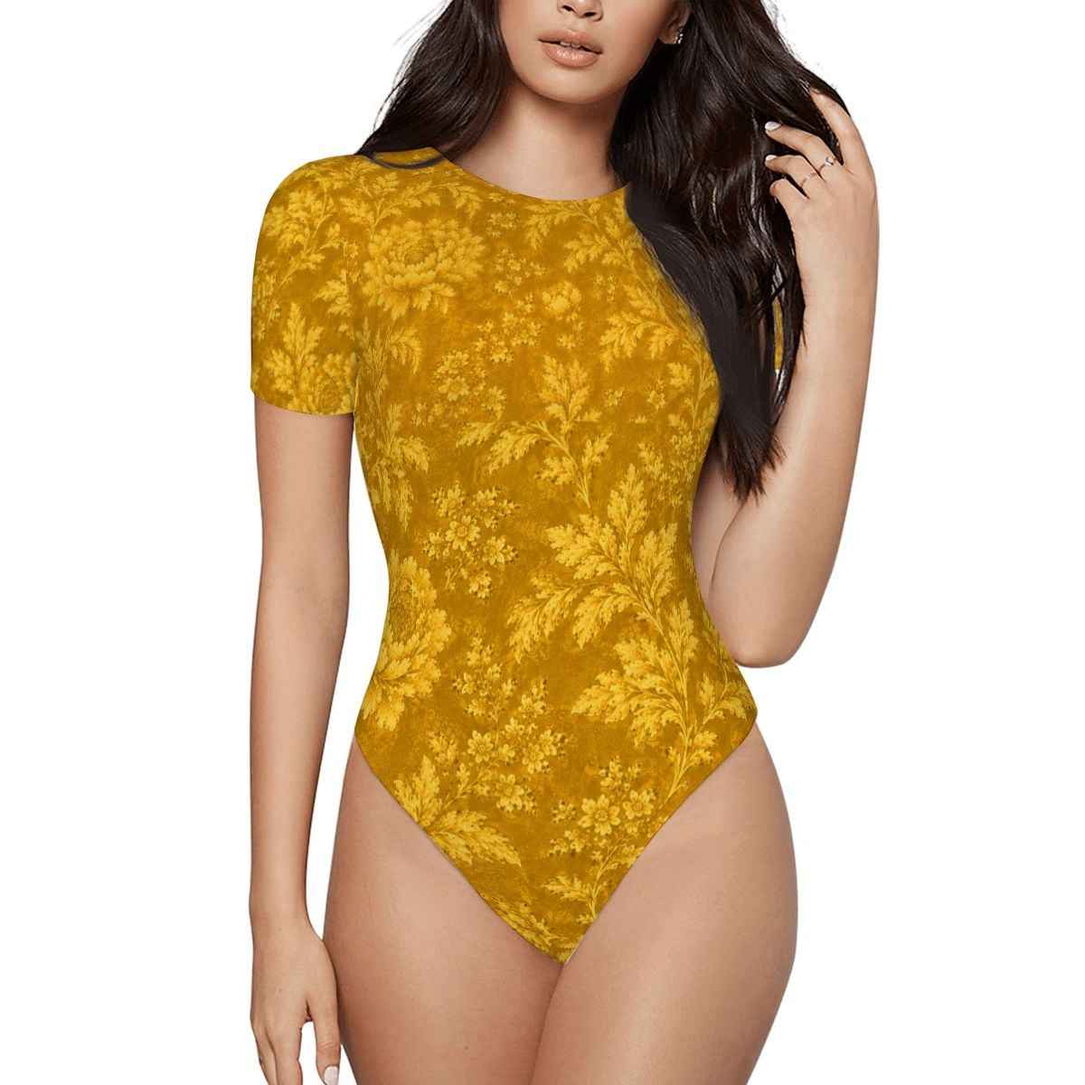 Golden Hour Bodysuit — Women's Short Sleeve Floral Stretch Bodysuit