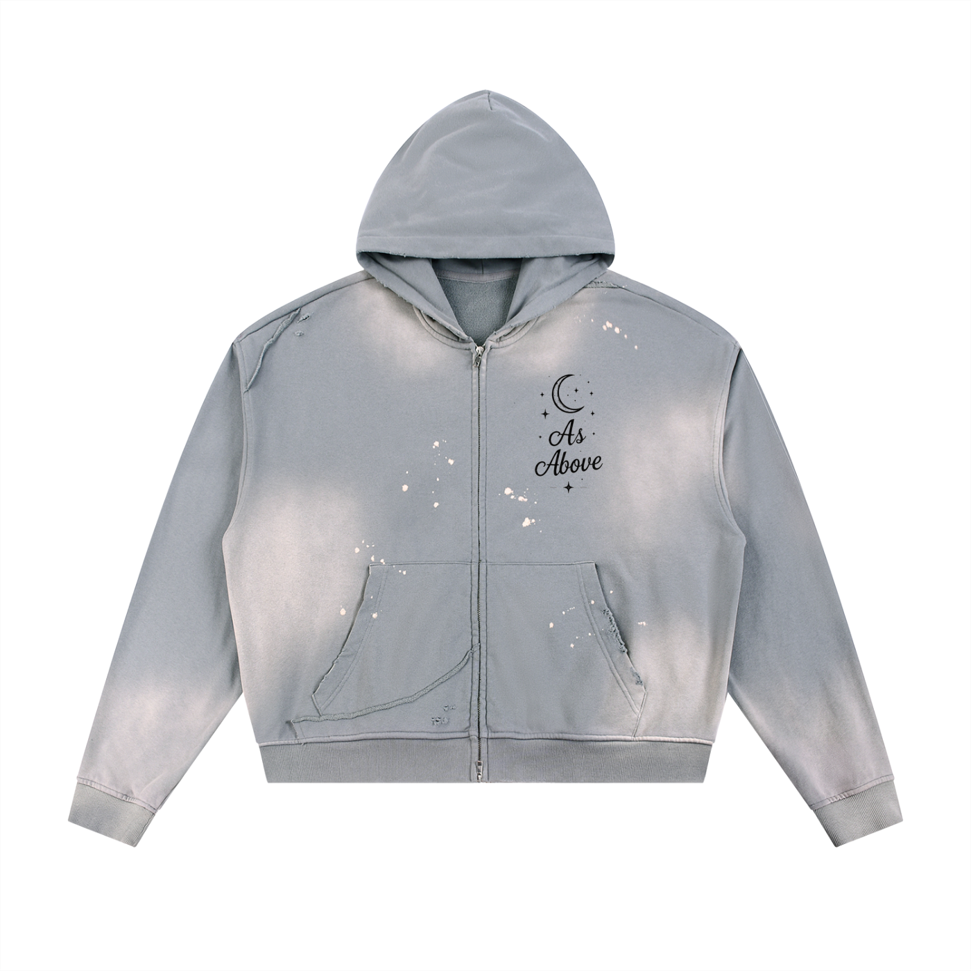 As Above So Below Sun Fade Frayed Hoodie - Raw Edge Fleece Zip Design