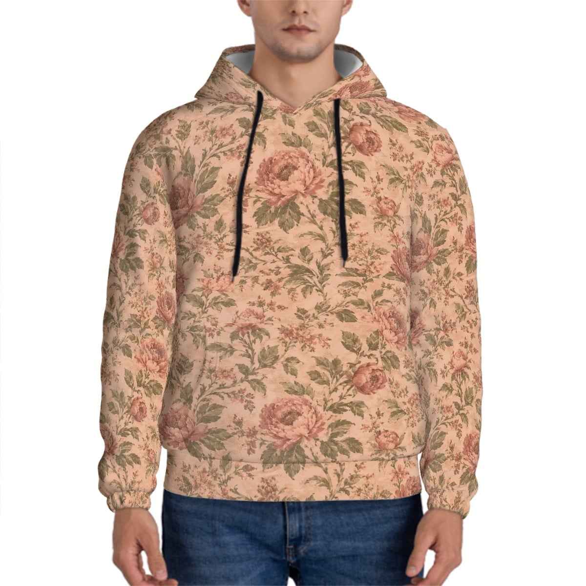 Vintage Rose Hoodie — Men's All-Over Print Floral Pullover
