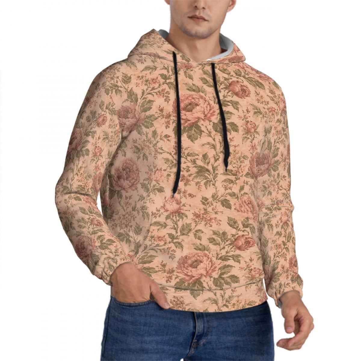 Vintage Rose Hoodie — Men's All-Over Print Floral Pullover