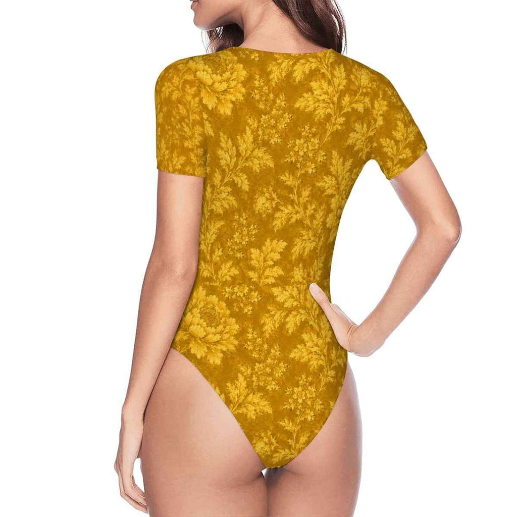 Golden Hour Bodysuit — Women's Short Sleeve Floral Stretch Bodysuit