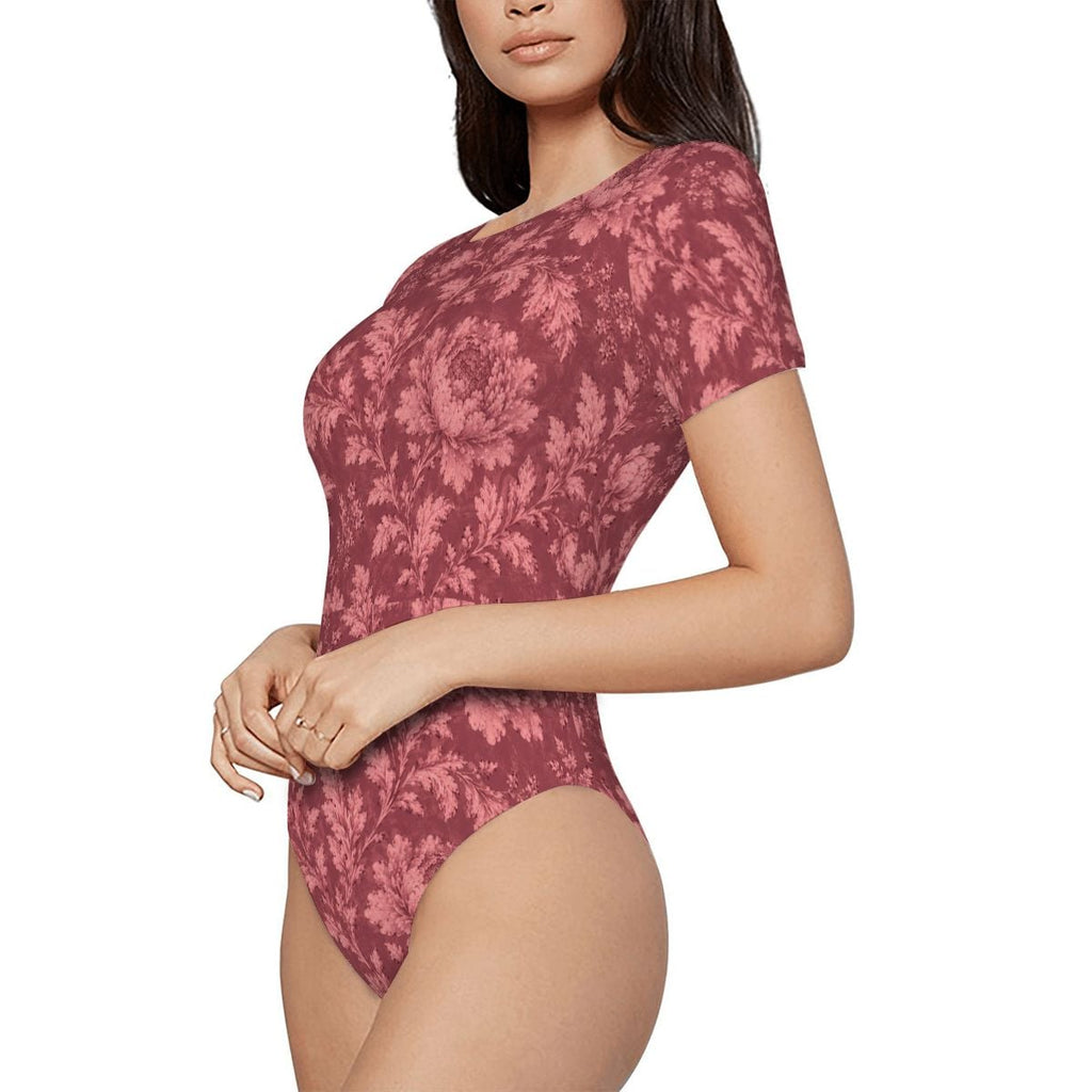 Bordeaux Bloom Bodysuit — Women's Short Sleeve Floral Stretch Bodysuit