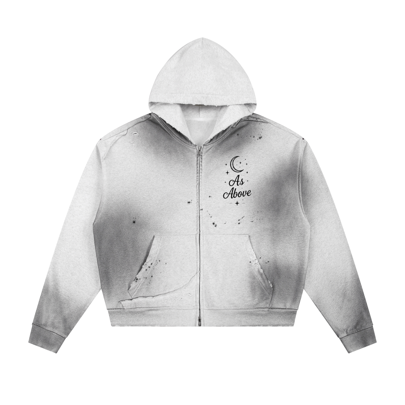 As Above So Below Sun Fade Frayed Hoodie - Raw Edge Fleece Zip Design