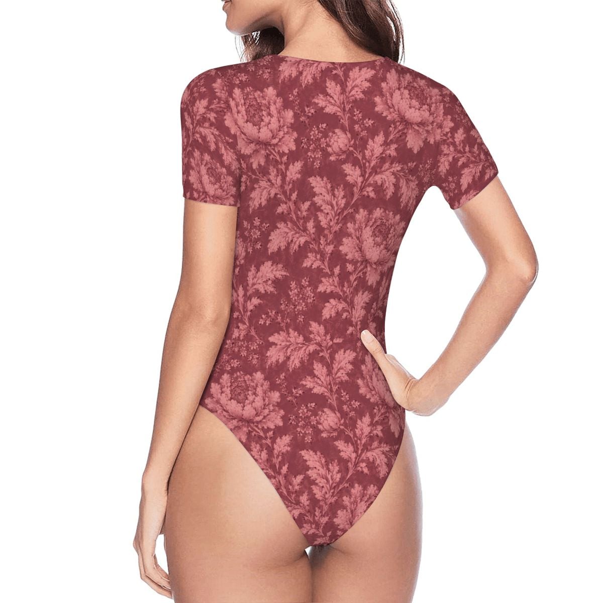 Bordeaux Bloom Bodysuit — Women's Short Sleeve Floral Stretch Bodysuit