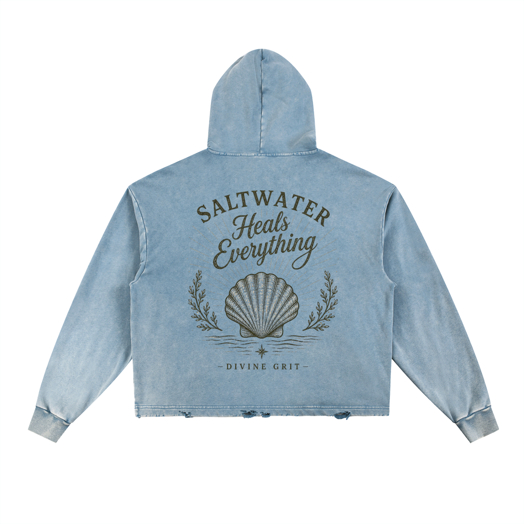 Saltwater Heals Everything Vintage Washed Frayed-Hem Hoodie - Divine Grit