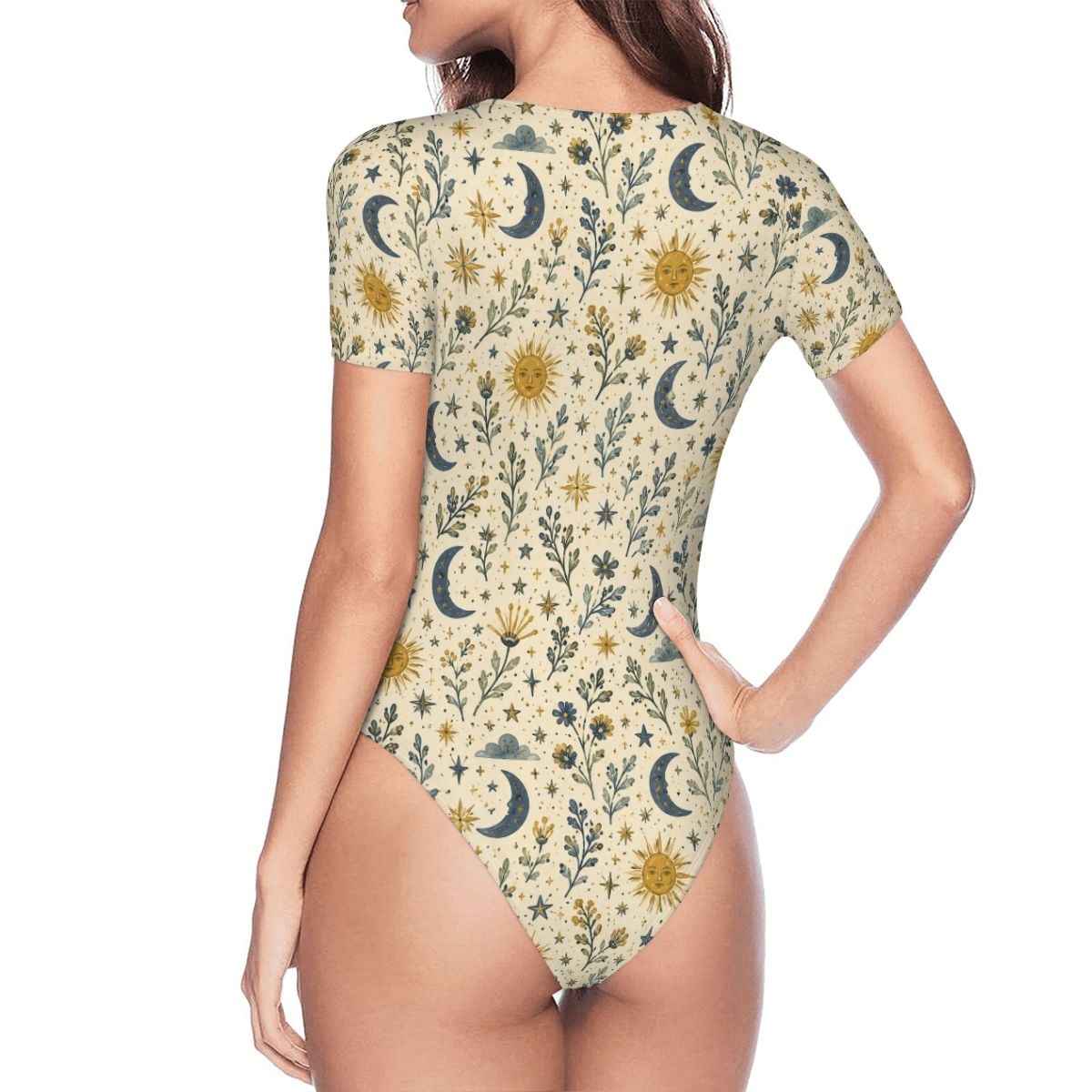 Celestial Bodysuit — Women's Sun & Moon Floral Stretch Bodysuit