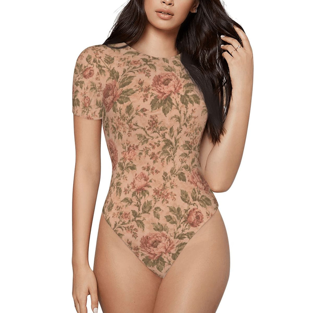Vintage Rose Bodysuit — Women's Short Sleeve Floral Stretch Bodysuit