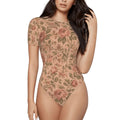 Vintage Rose Bodysuit — Women's Short Sleeve Floral Stretch Bodysuit