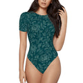Midnight Garden Bodysuit — Women's Short Sleeve Teal Floral Stretch Bodysuit