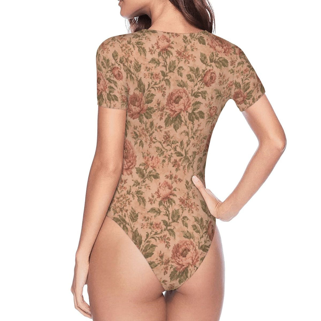 Vintage Rose Bodysuit — Women's Short Sleeve Floral Stretch Bodysuit