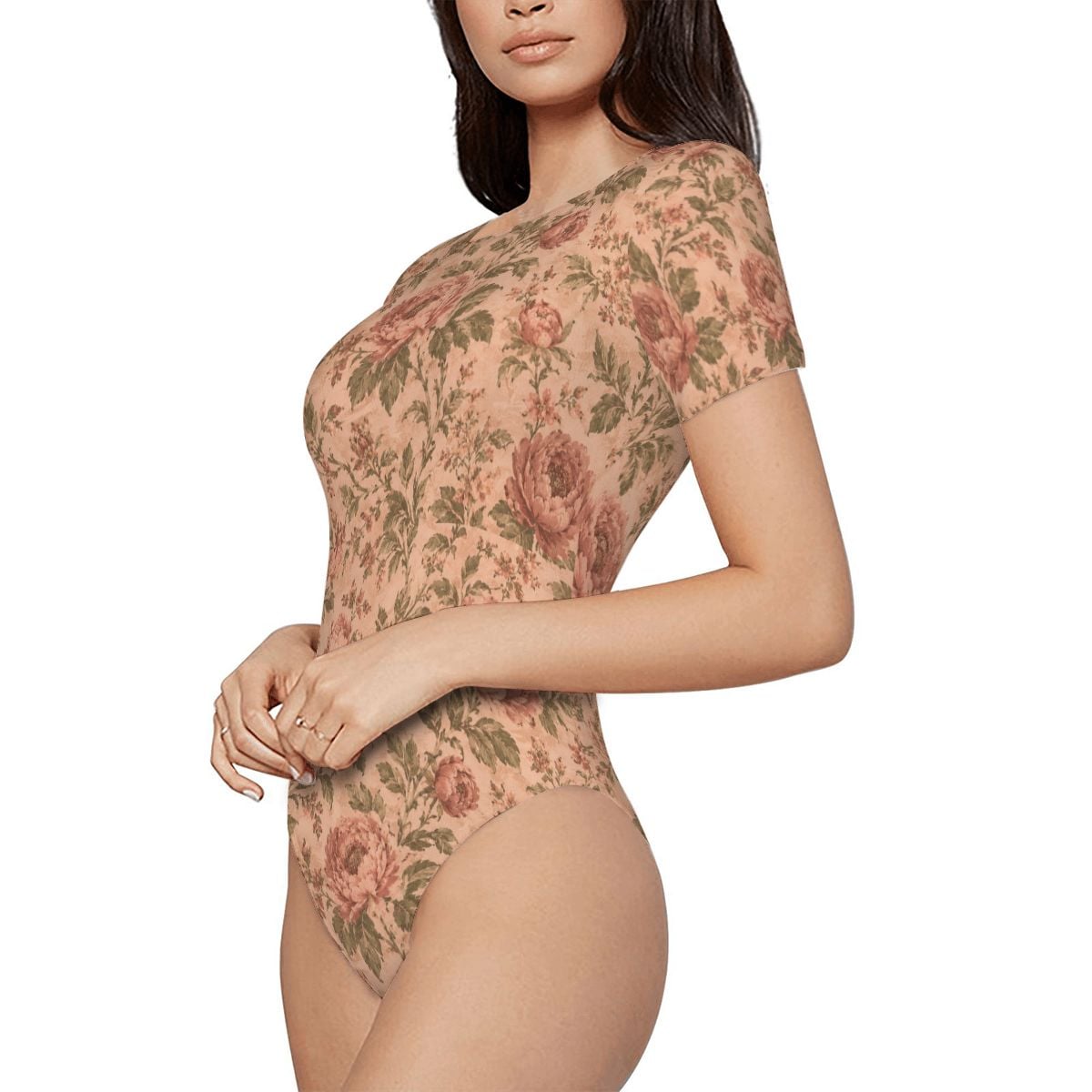 Vintage Rose Bodysuit — Women's Short Sleeve Floral Stretch Bodysuit