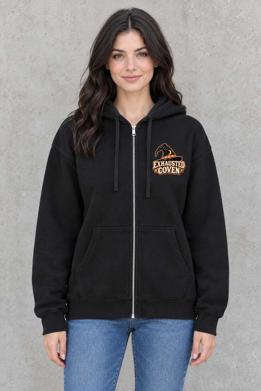 AI-generated mockup of a woman wearing the Black zip-up hoodie, showing the Exhausted Coven chest graphic.