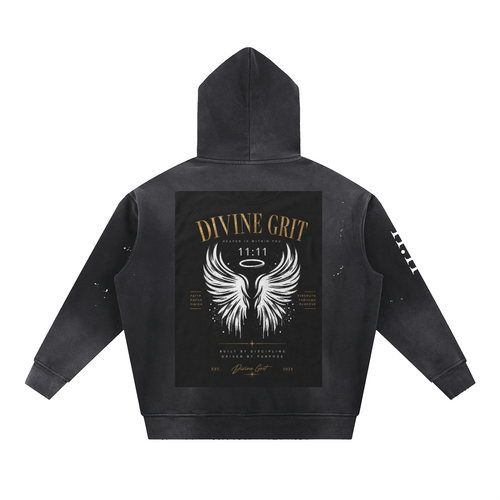 Divine Grit 1111 Vintage Washed Frayed Fleece Hoodie - Divine Grit