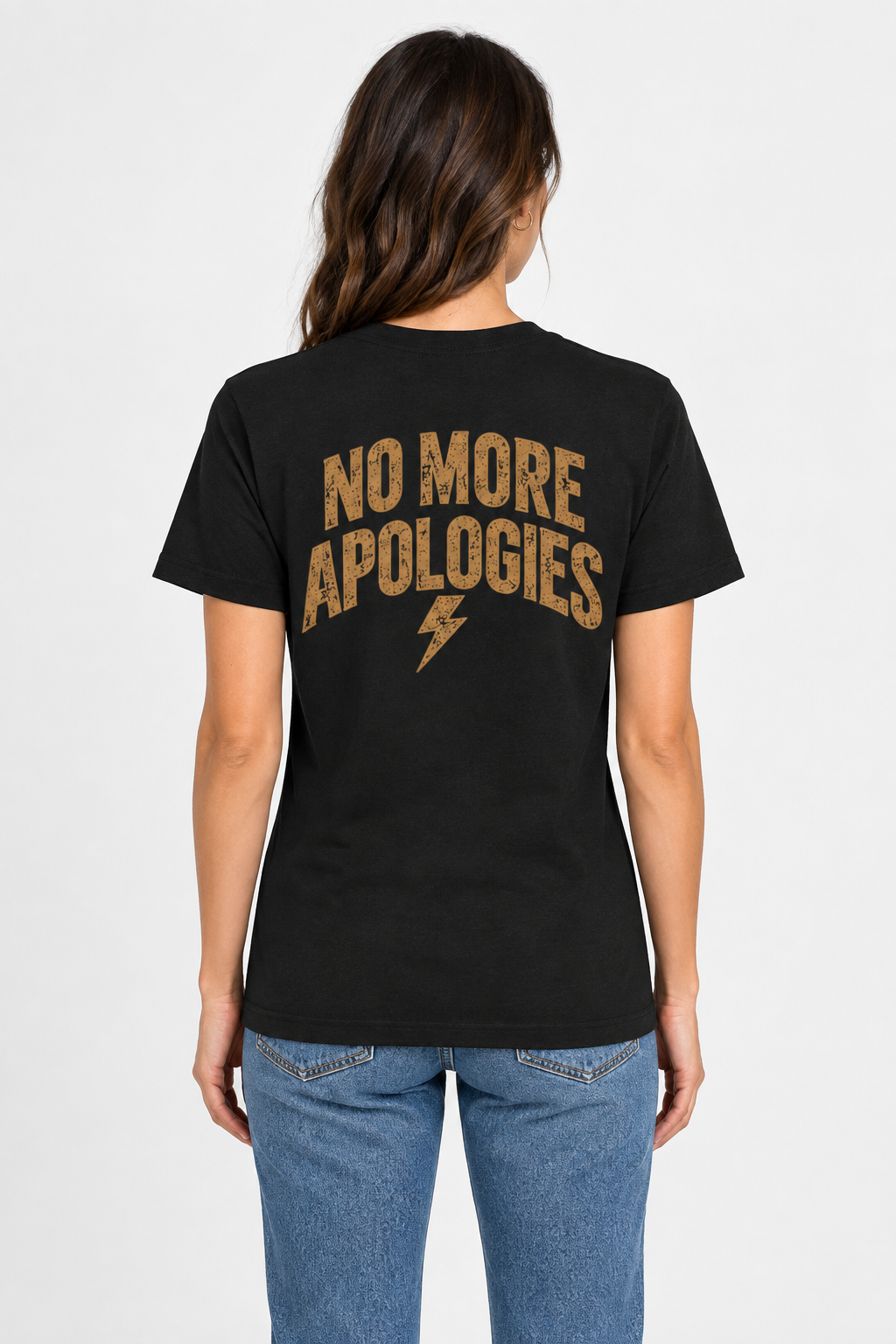 Back-view mockup of the No More Apologies tee
