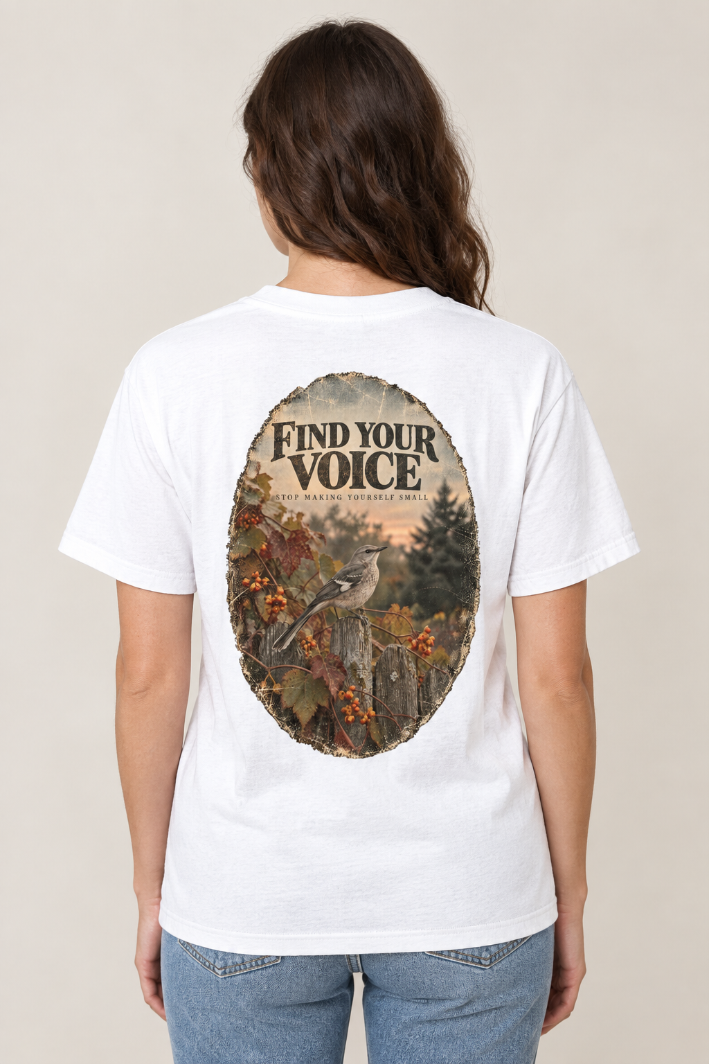 Back-view mockup with the mockingbird graphic