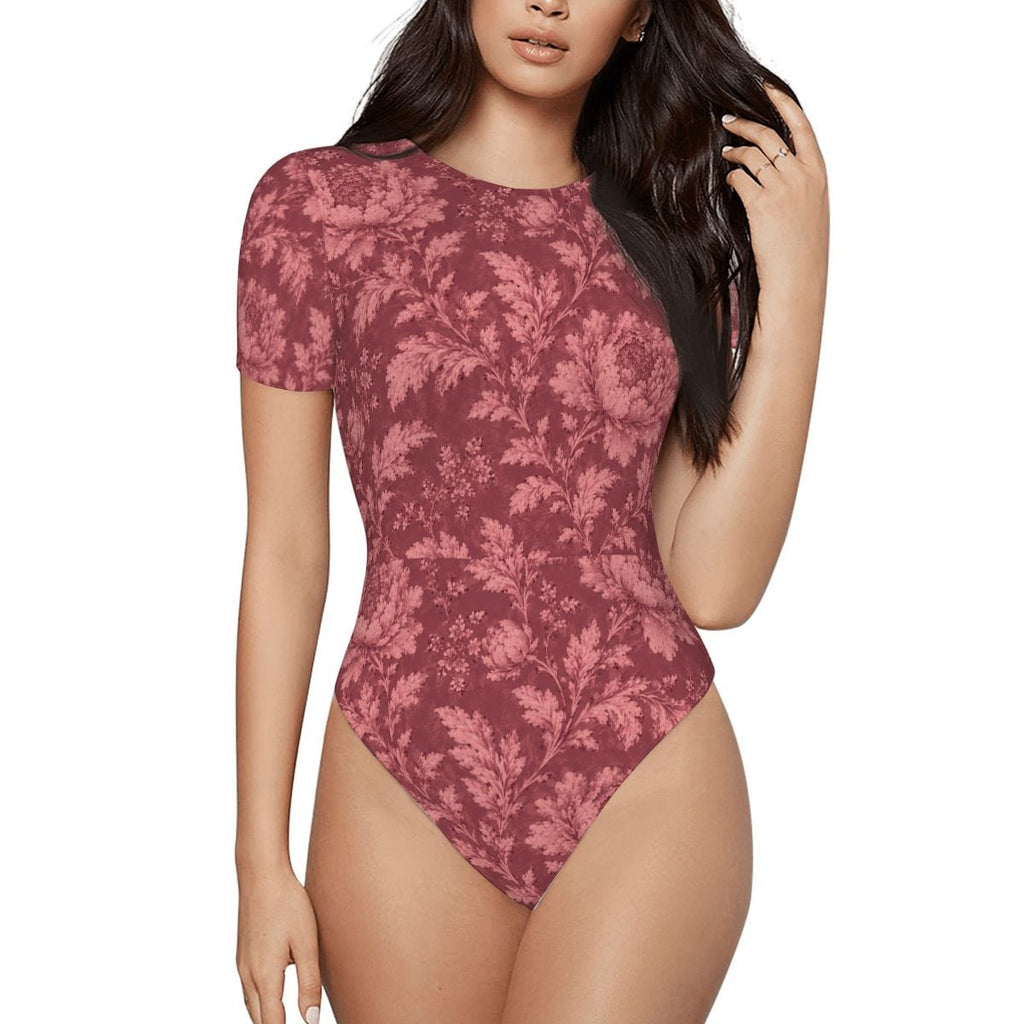 Bordeaux Bloom Bodysuit — Women's Short Sleeve Floral Stretch Bodysuit