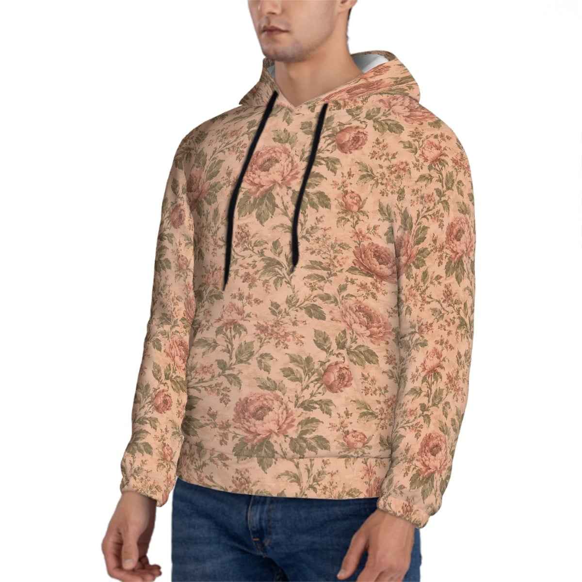 Vintage Rose Hoodie — Men's All-Over Print Floral Pullover