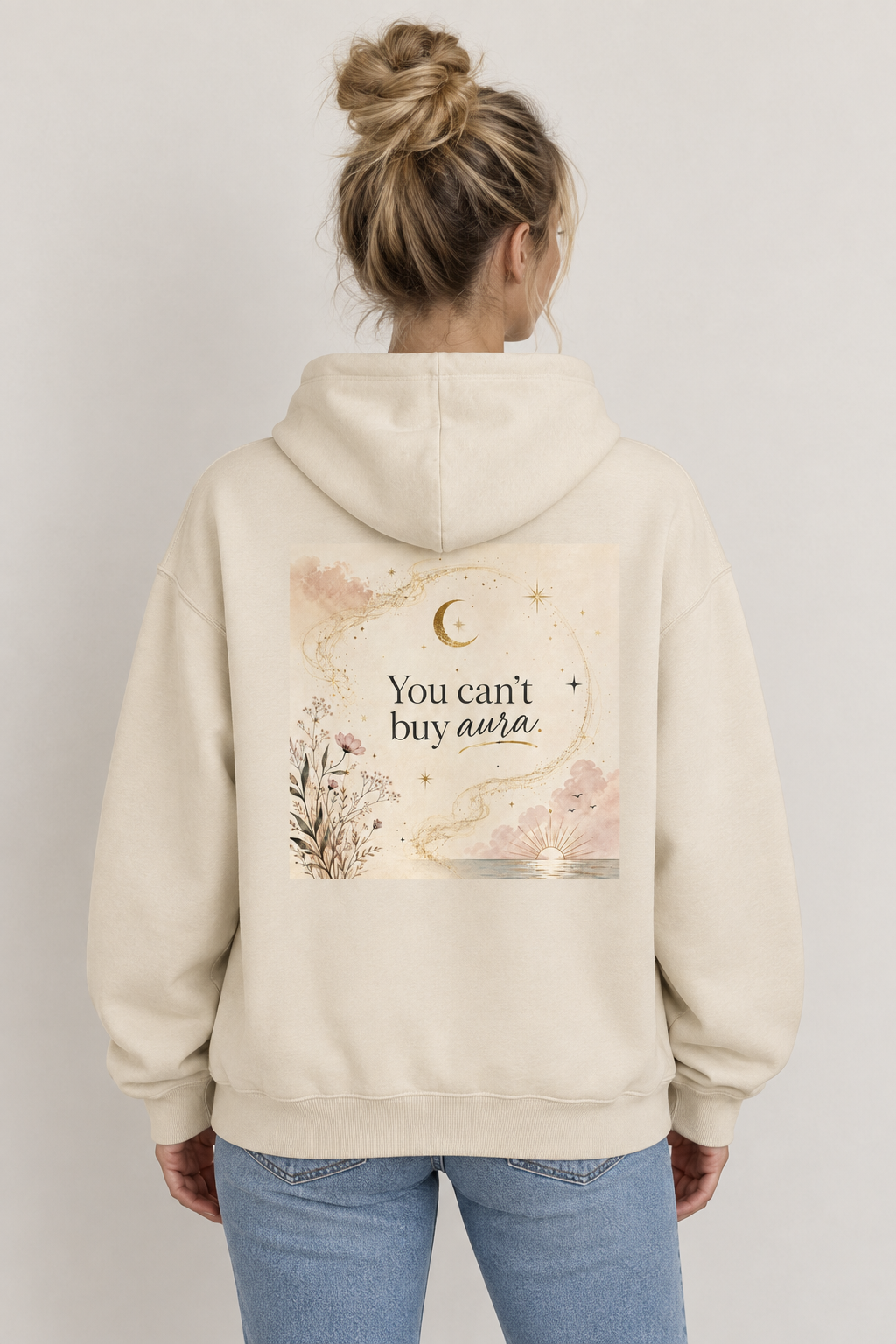 Camel You Can't Buy Aura hoodie woman-model mockup