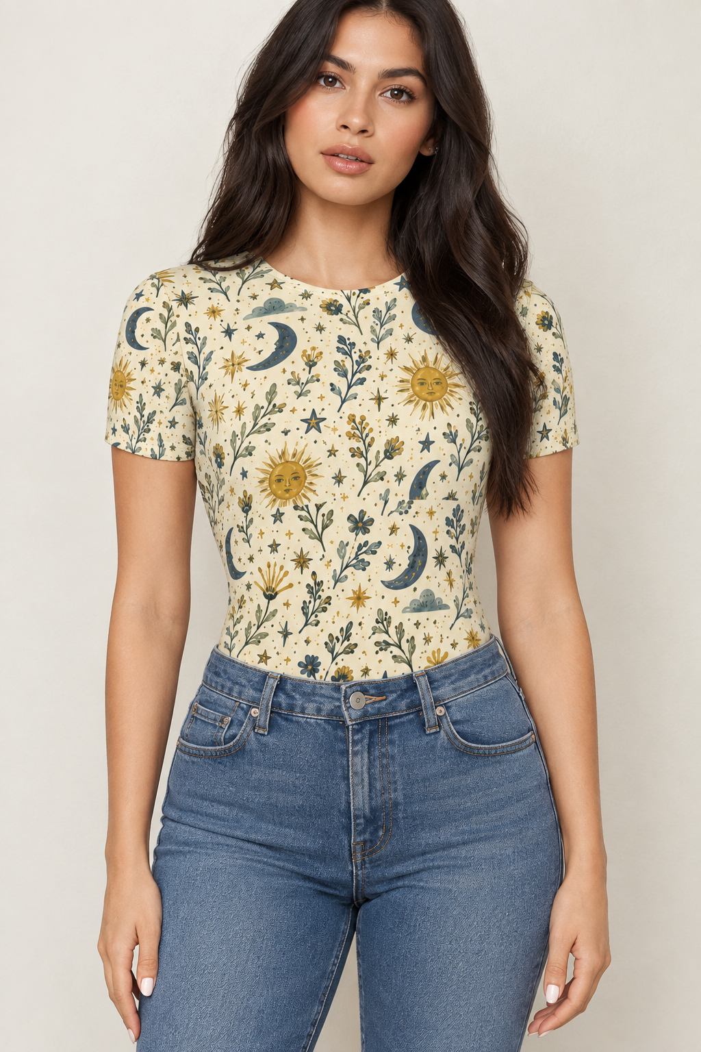 Celestial bodysuit styled with denim