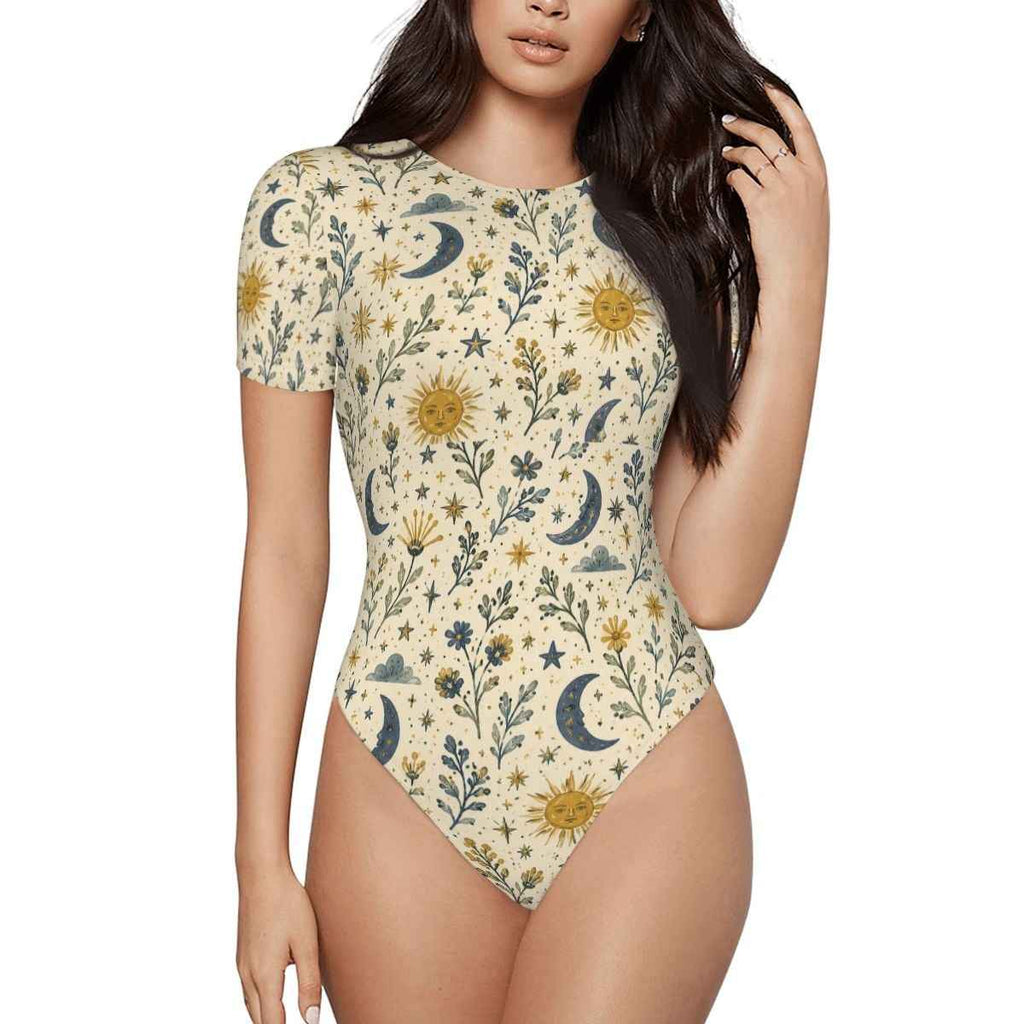 Celestial Bodysuit — Women's Sun & Moon Floral Stretch Bodysuit