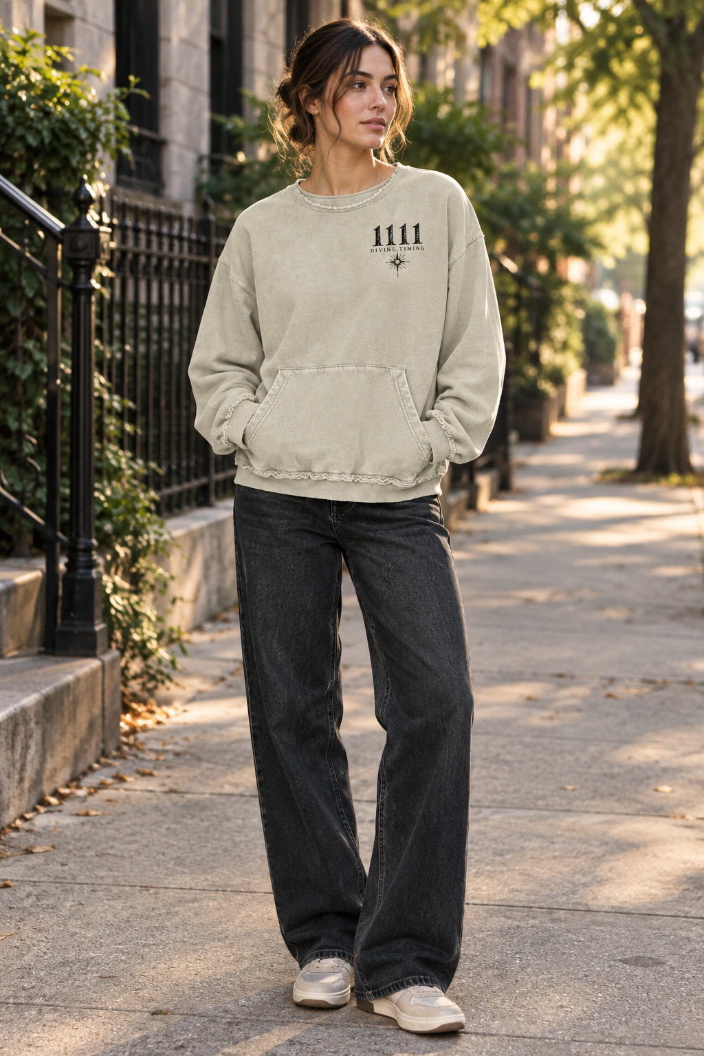City-street lifestyle mockup of the khaki-green crewneck