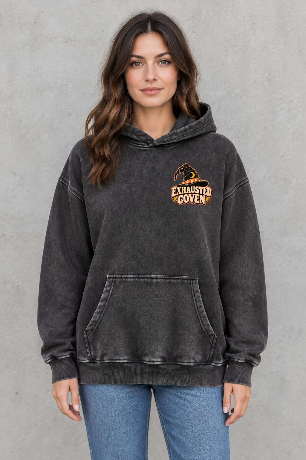 Exhausted Coven hoodie, front view on a woman