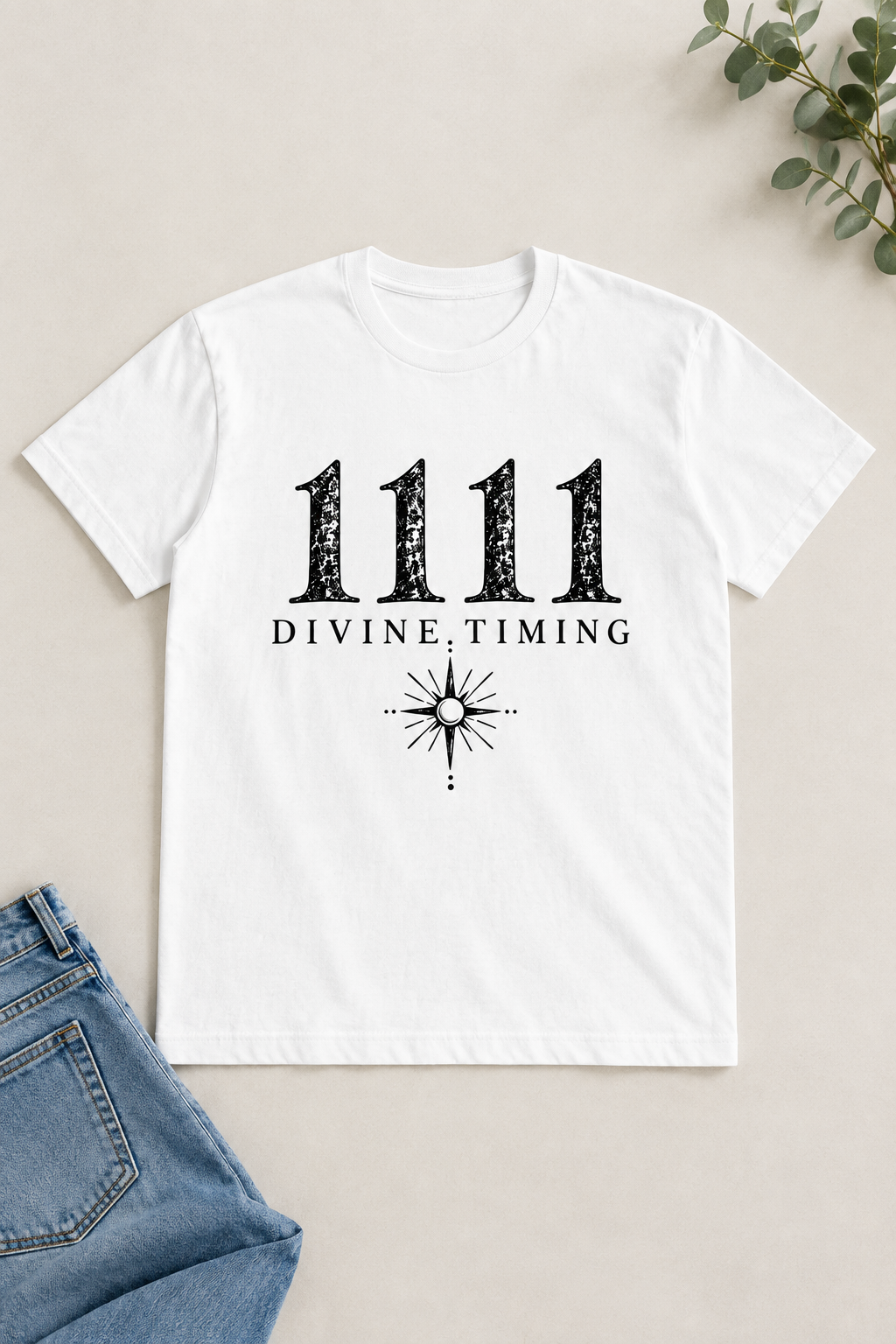 Flat-lay mockup of the 1111 Divine Timing white tee