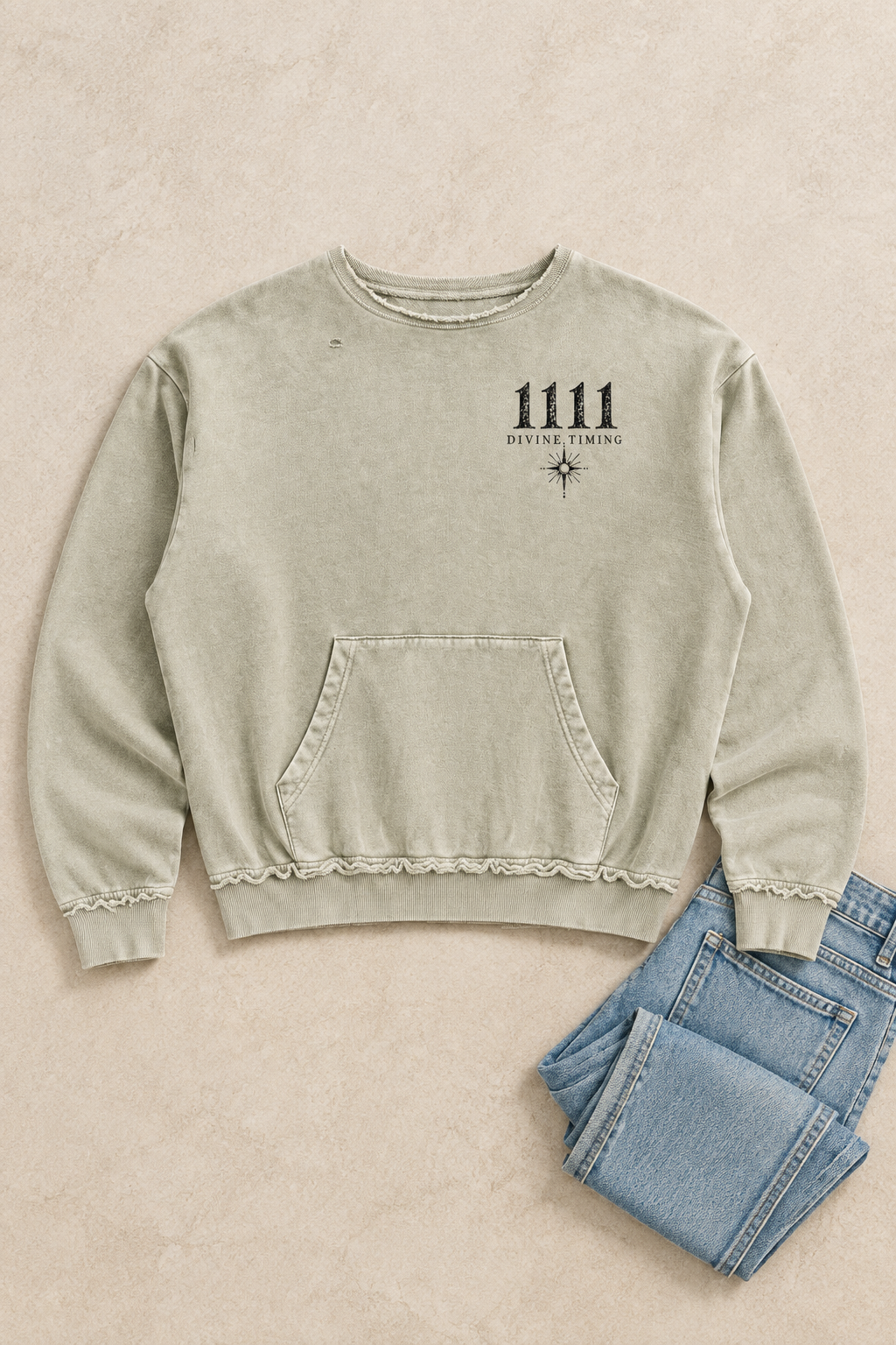 Flat-lay mockup of the khaki-green crewneck