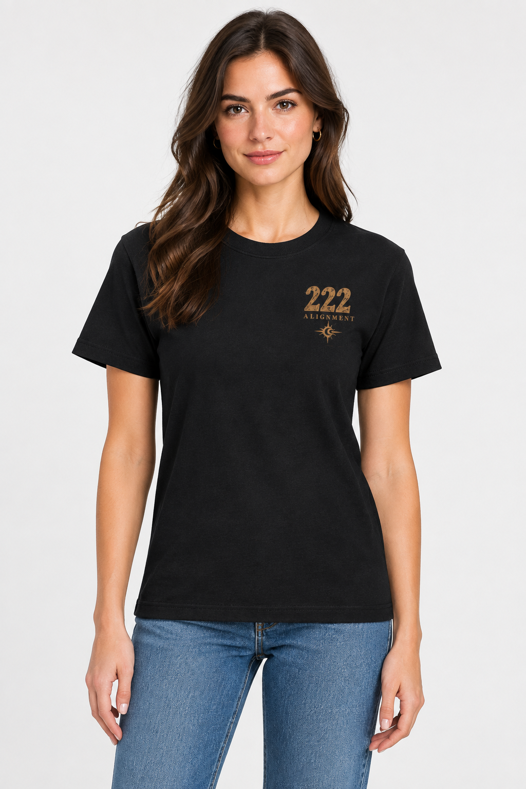 Front-view mockup showing the 222 Alignment chest graphic