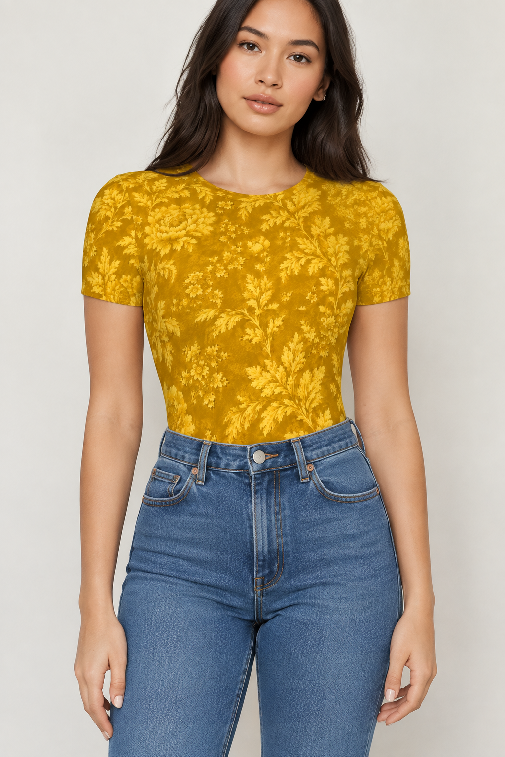 Golden Hour floral bodysuit styled with denim