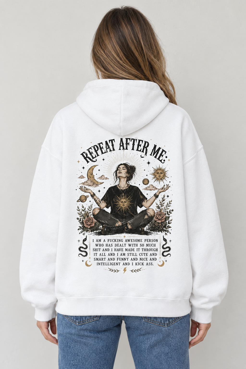 AI-generated back-view mockup of a woman wearing the white Repeat After Me affirmation hoodie with seated-woman celestial artwork.