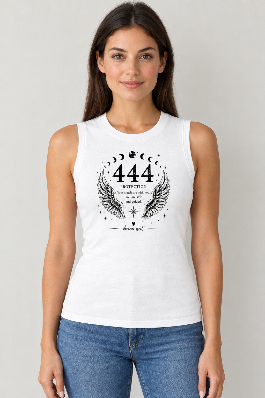 AI-generated mockup of a woman wearing a White fitted 444 Protection tank with black angel wings, moon phases and guidance lettering.