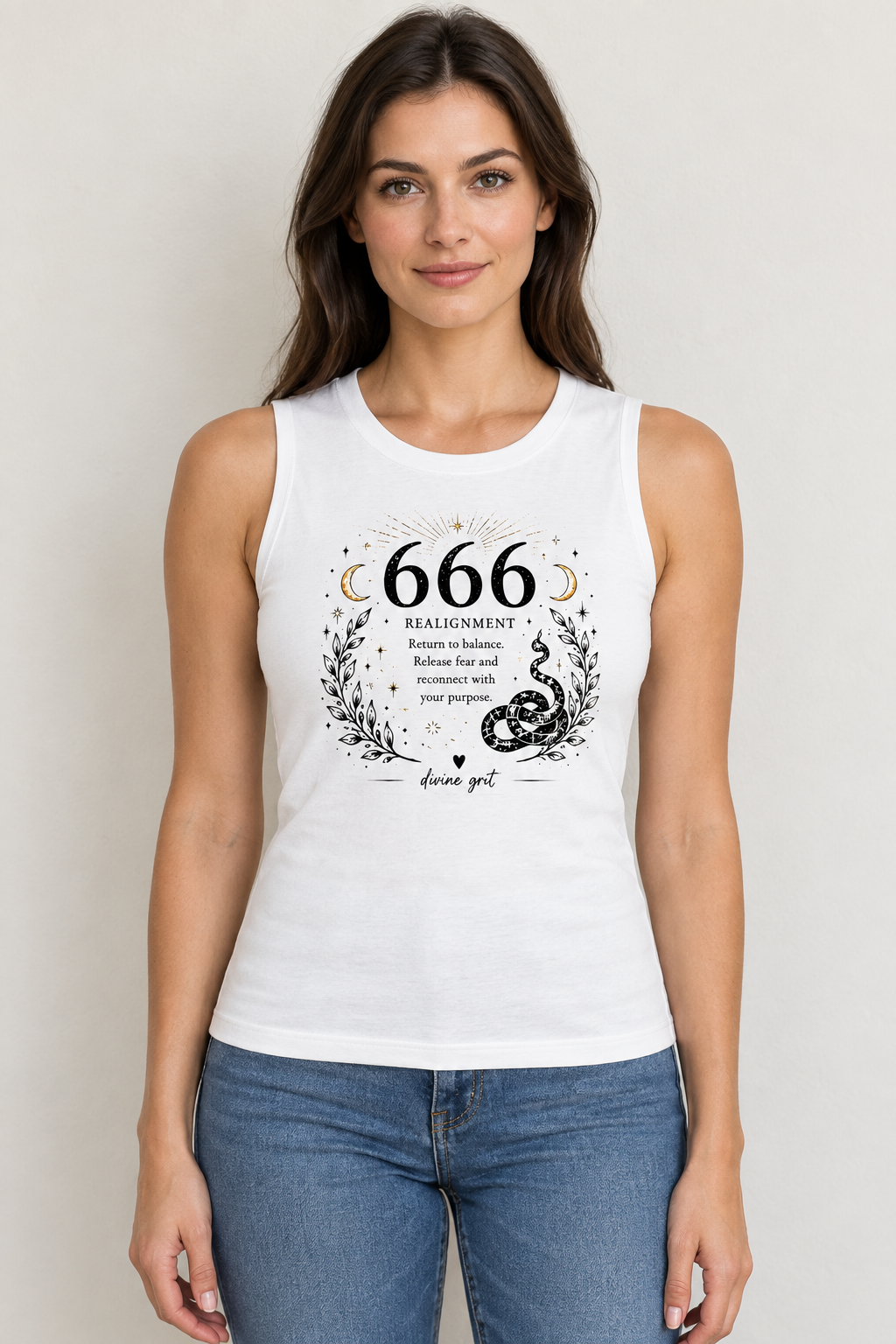 AI-generated mockup of a woman wearing a White fitted 666 Realignment tank with a coiled snake, leafy branches and crescent moons.