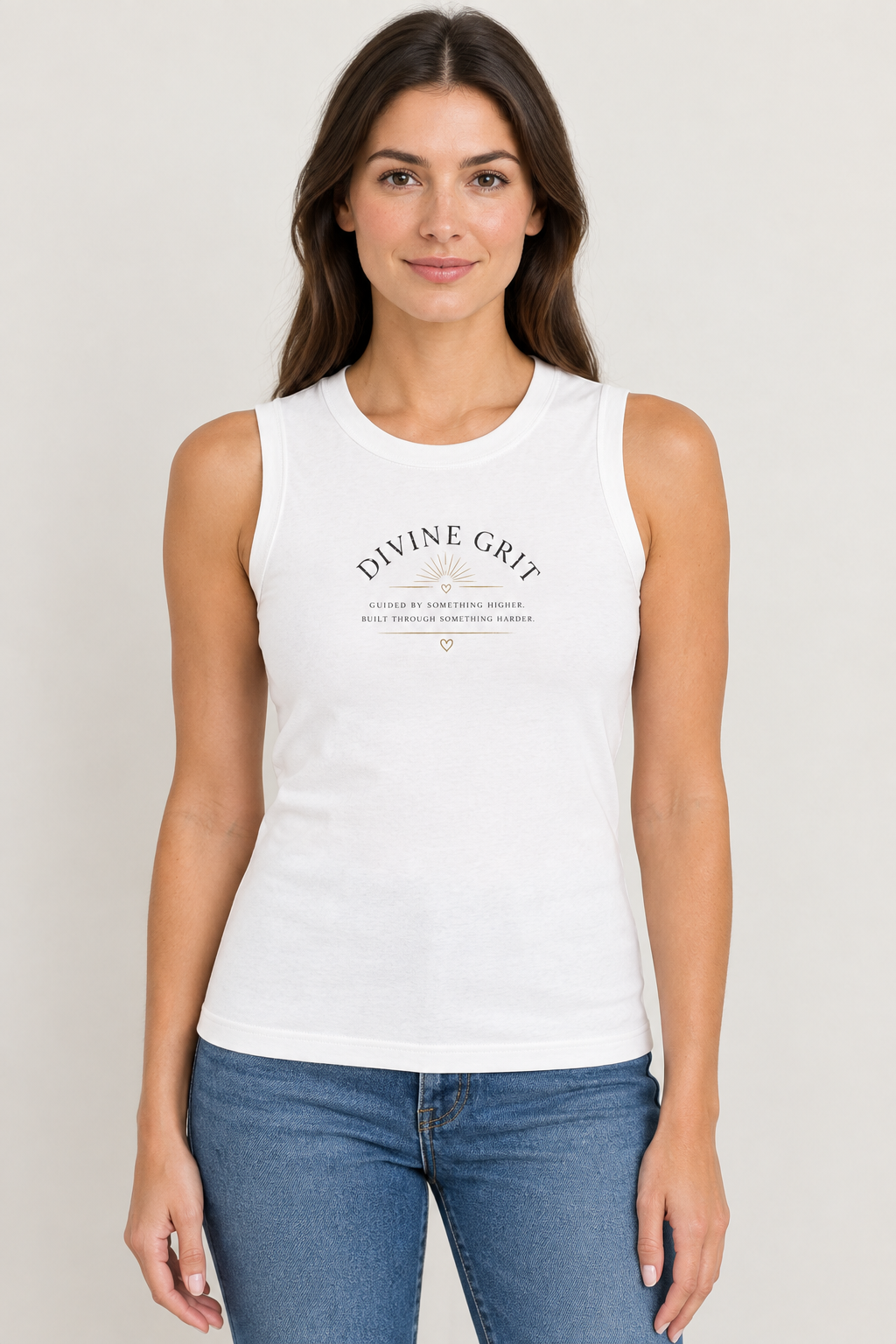 AI-generated mockup of a woman wearing a White fitted Divine Grit tank with Guided by Something Higher lettering, rays and heart details.