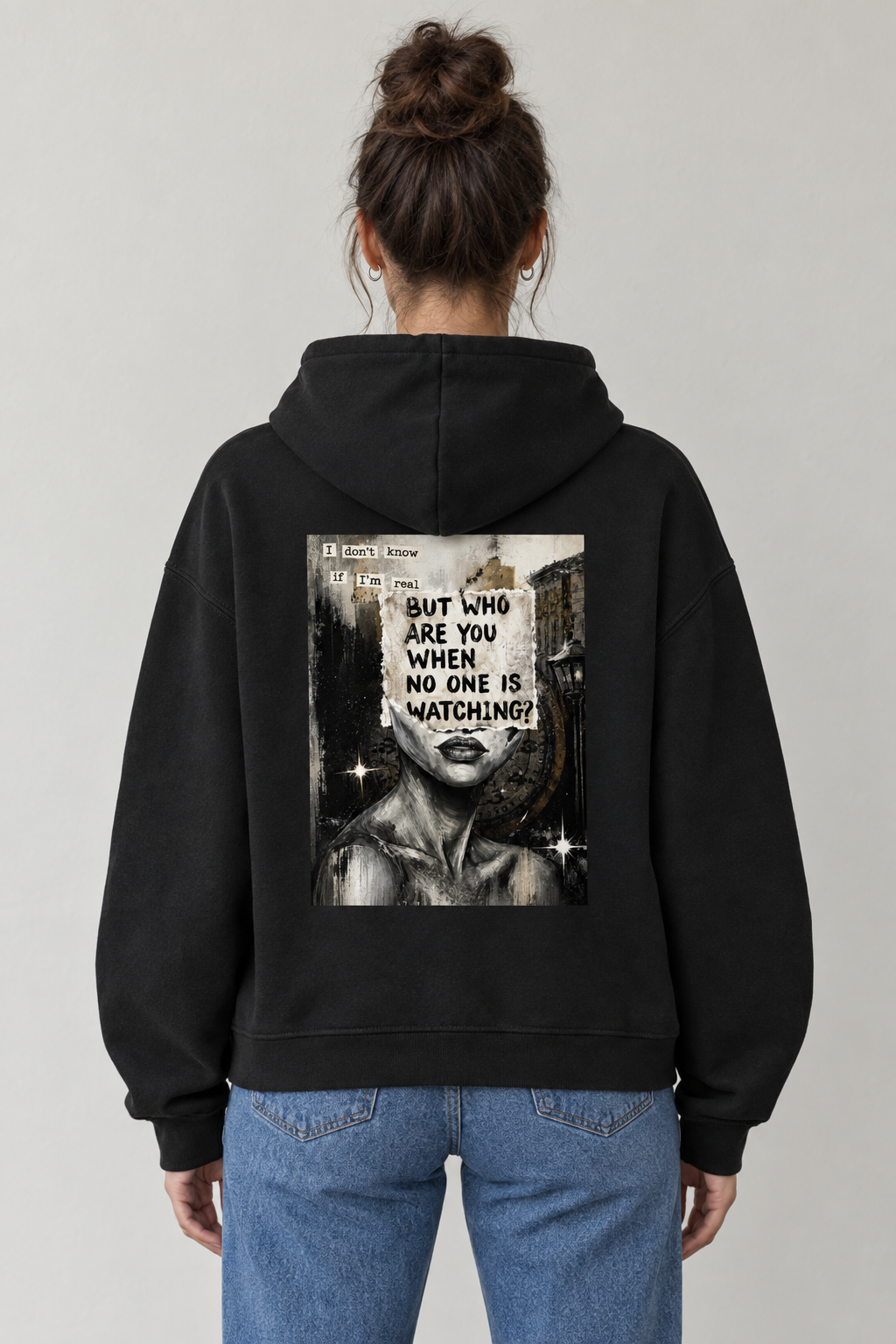 AI-generated back-view mockup of a woman wearing the black Who Are You When No One Is Watching portrait graphic hoodie.