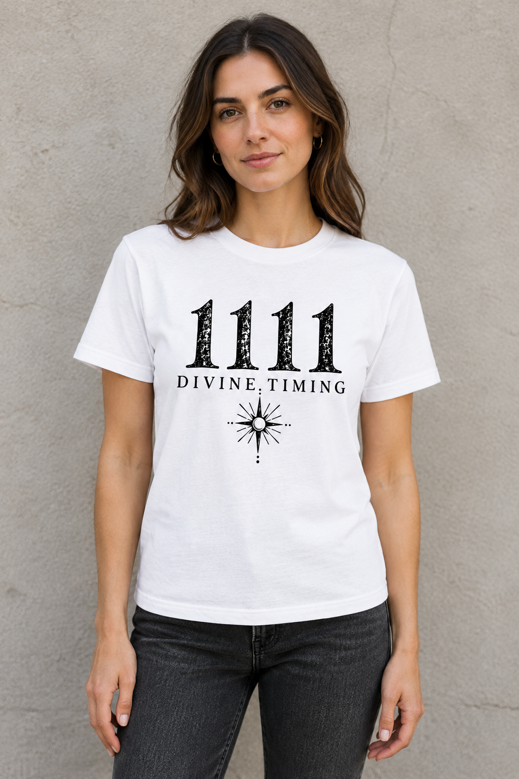 AI-generated mockup of a woman wearing the Lucent White 1111 Divine Timing graphic T-shirt, showing the front design.