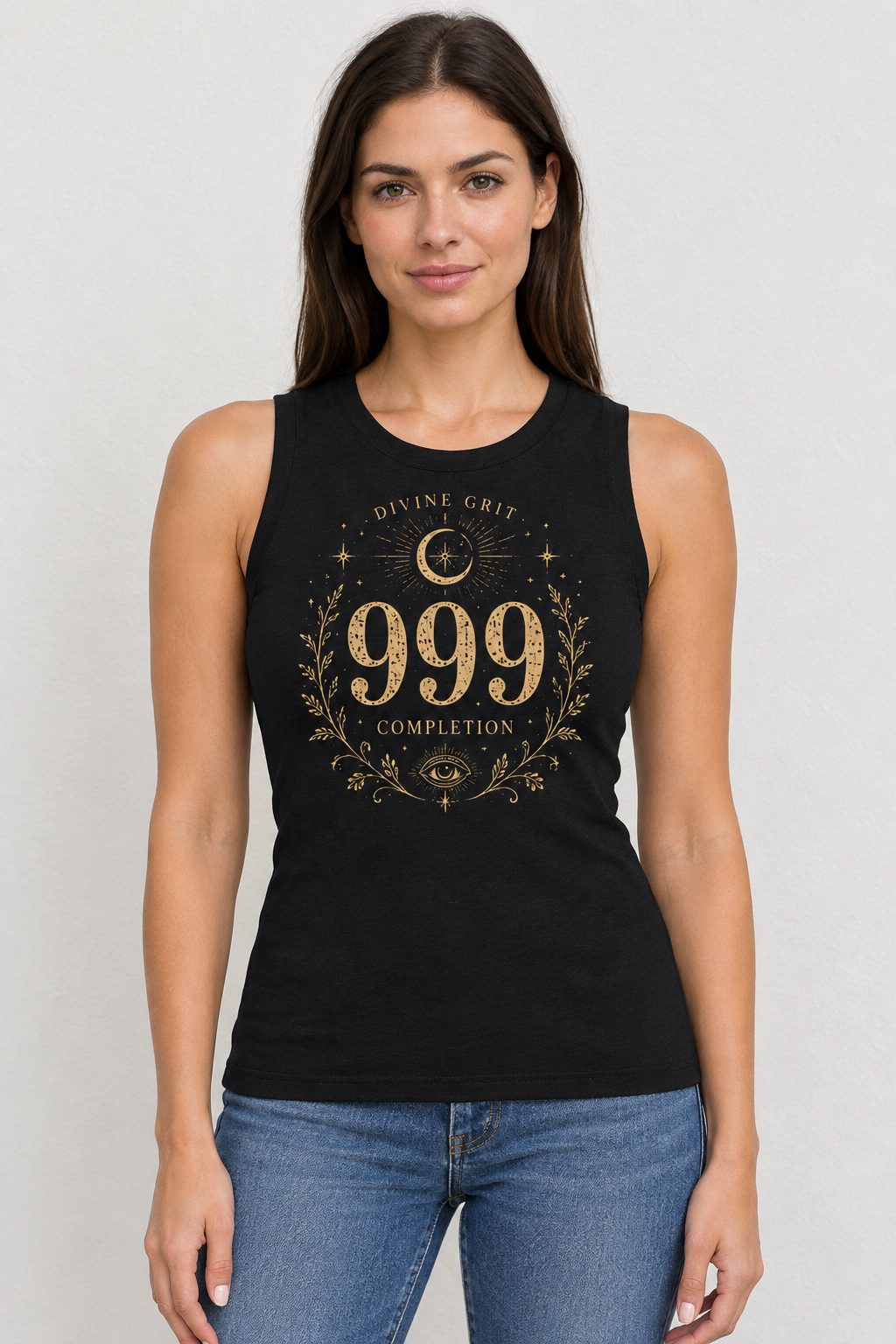 AI-generated mockup of a woman wearing a black fitted 999 Completion tank with gold-toned crescent moon, stars, branches and eye artwork.