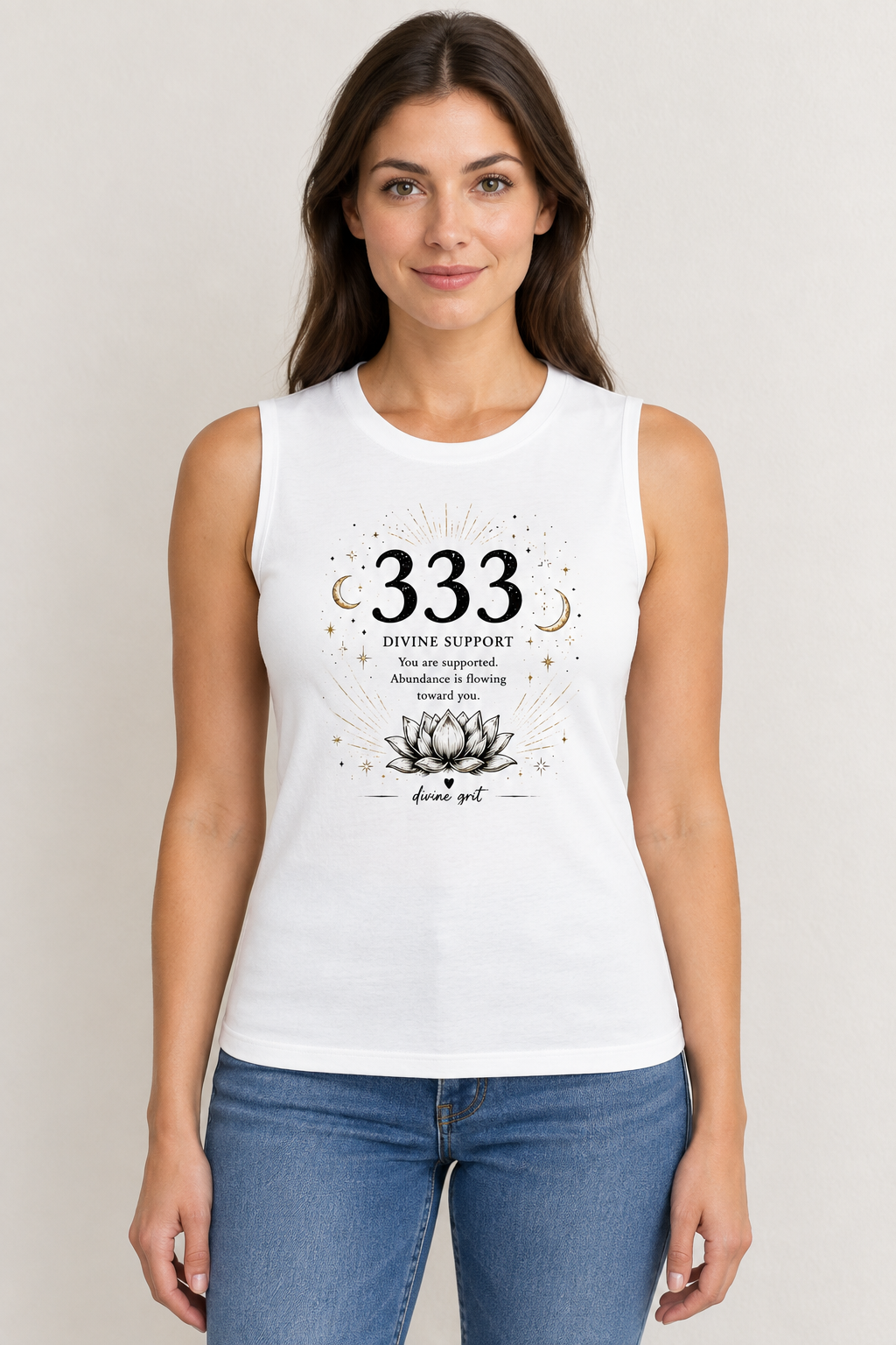 AI-generated mockup of a woman wearing a White fitted 333 Divine Support tank with lotus, crescent moons and affirmation lettering.