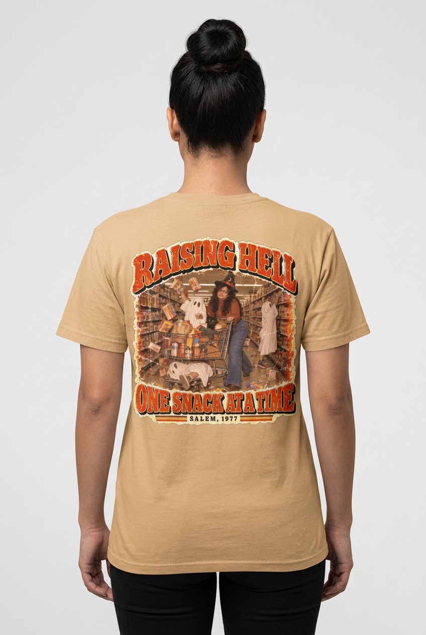 AI-generated back-view mockup of a woman wearing the khaki Raising Hell One Snack at a Time T-shirt with Salem, 1977 artwork.