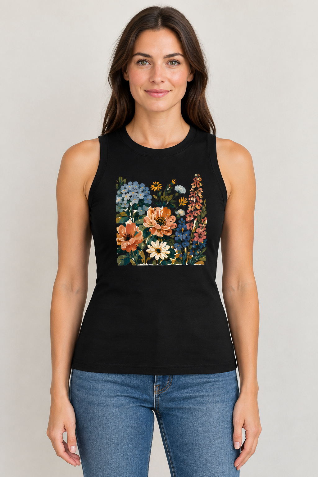 AI-generated mockup of a woman wearing a black fitted crewneck tank with a colorful square painterly floral graphic and blue jeans.