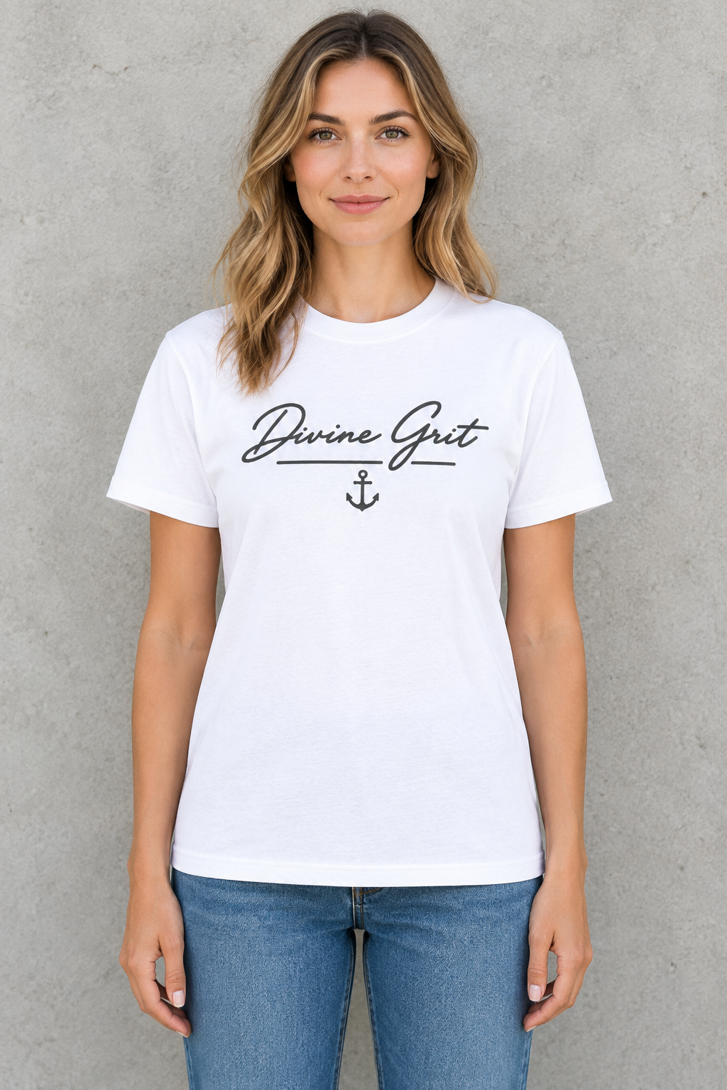 AI-generated mockup of a woman wearing the White Divine Grit script and anchor cotton graphic tee.