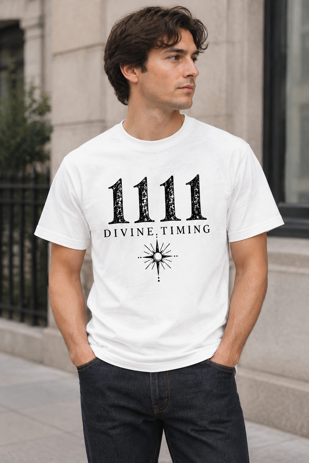 Lifestyle mockup of the 1111 Divine Timing white tee