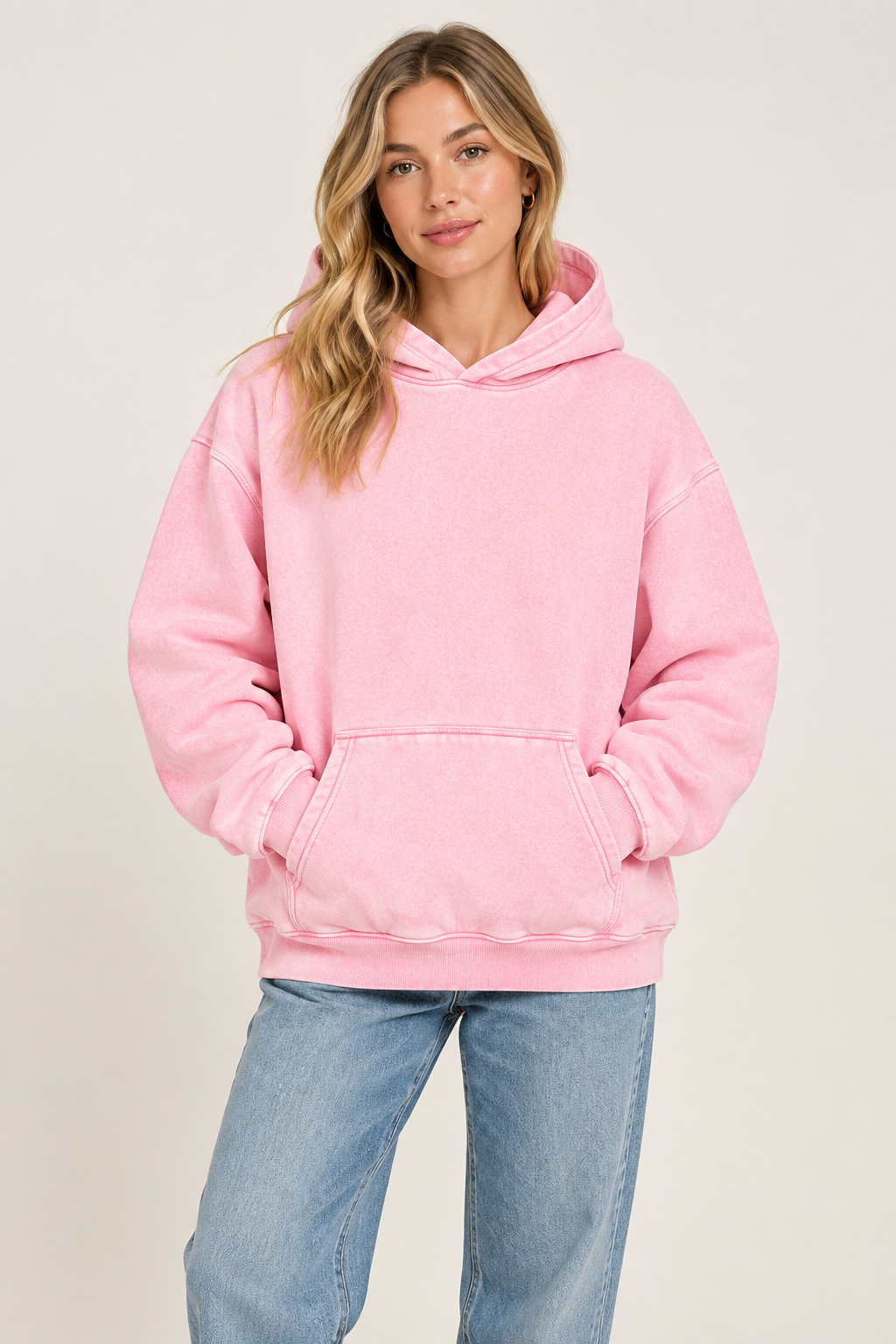 Studio front mockup of the pink My Own Lane hoodie