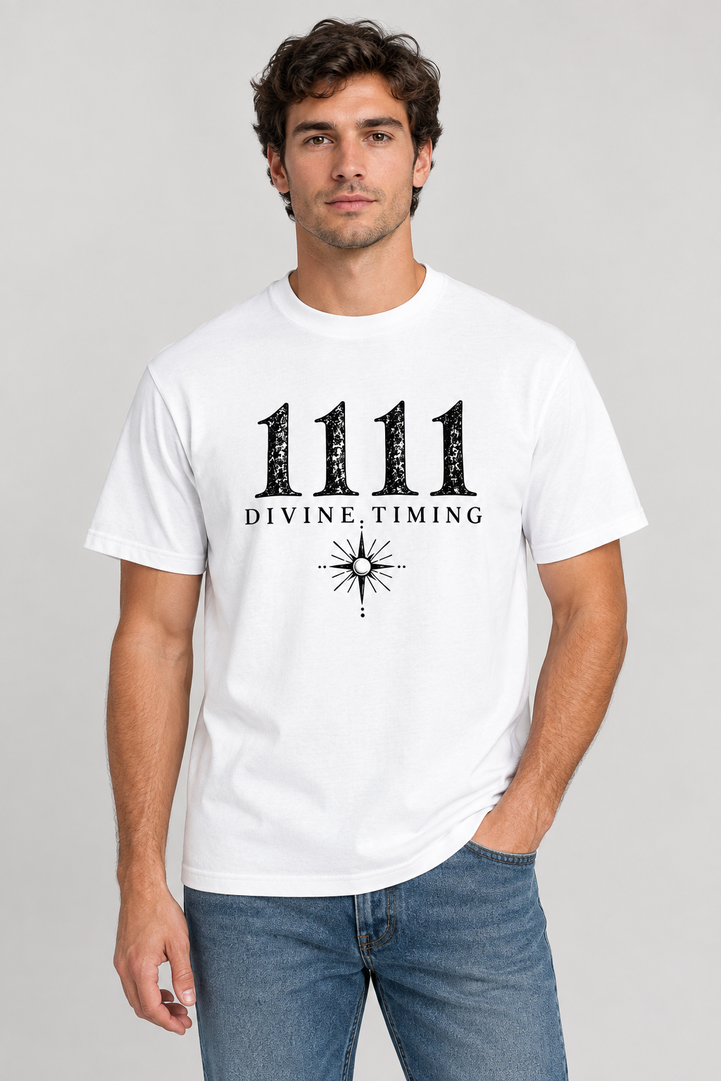 Studio mockup of the 1111 Divine Timing white tee