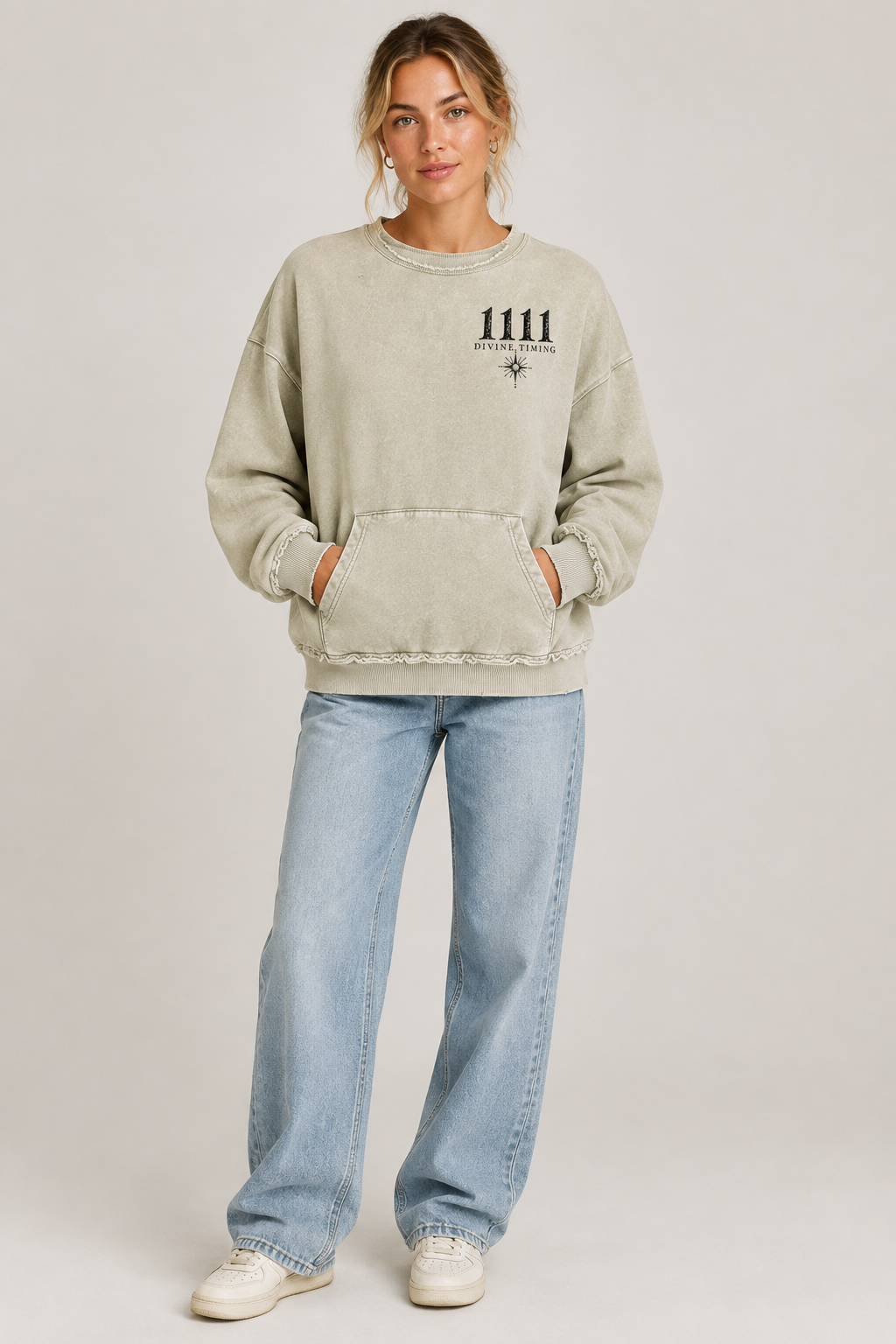 Studio model mockup of the khaki-green crewneck