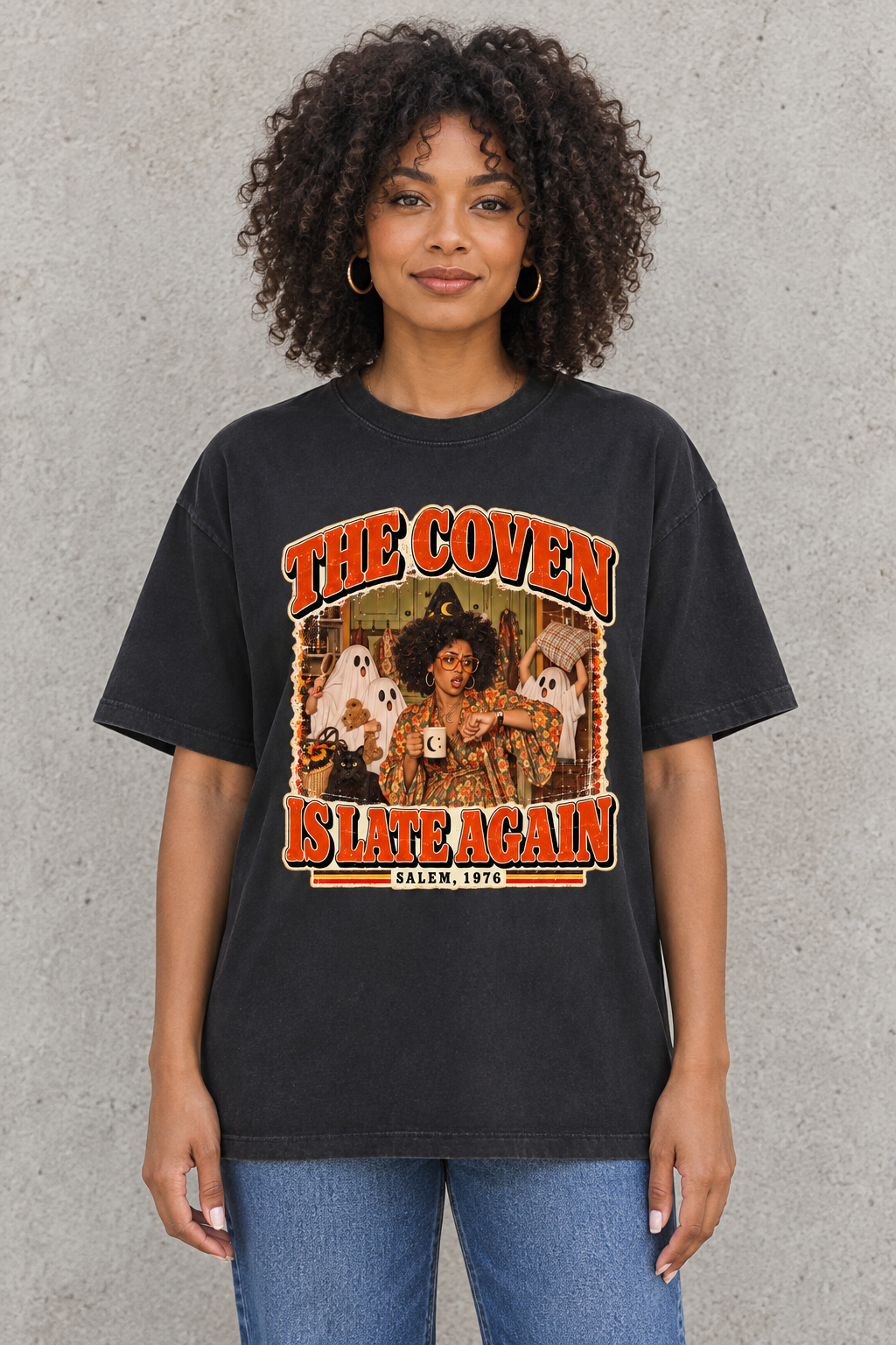 The Coven Is Late Again Halloween tee on a woman