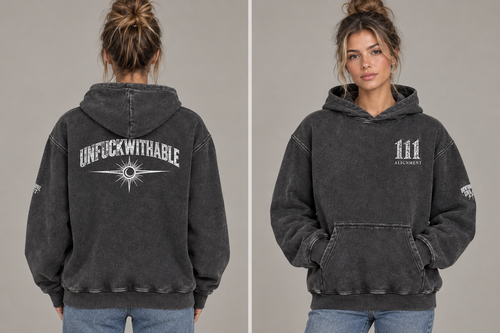Woman-model front and back mockup of the washed-charcoal 111 Alignment hoodie