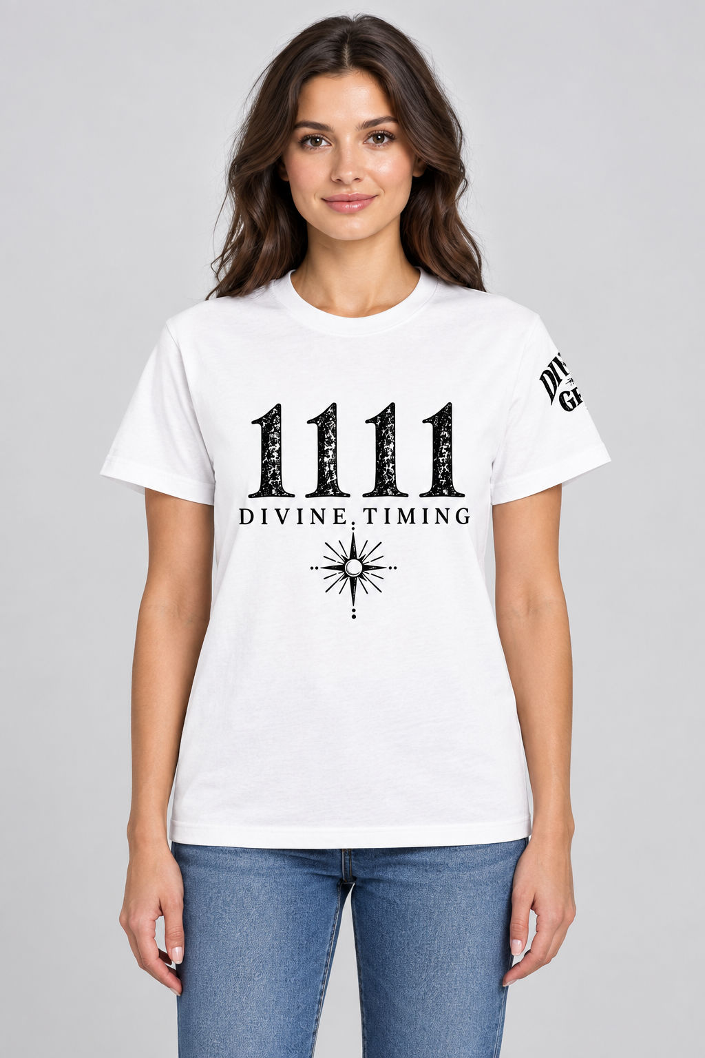 Woman-model mockup of the 1111 Divine Timing tee